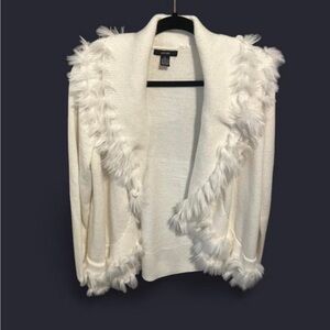 Alfani White Cardigan with Faux Fur Trim